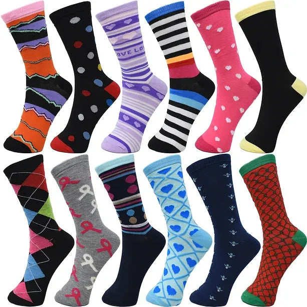 30-Pairs Women's Fun Patterned Cotton-Blend Crew Socks Assorted Pairs - PremiumBrandGoods