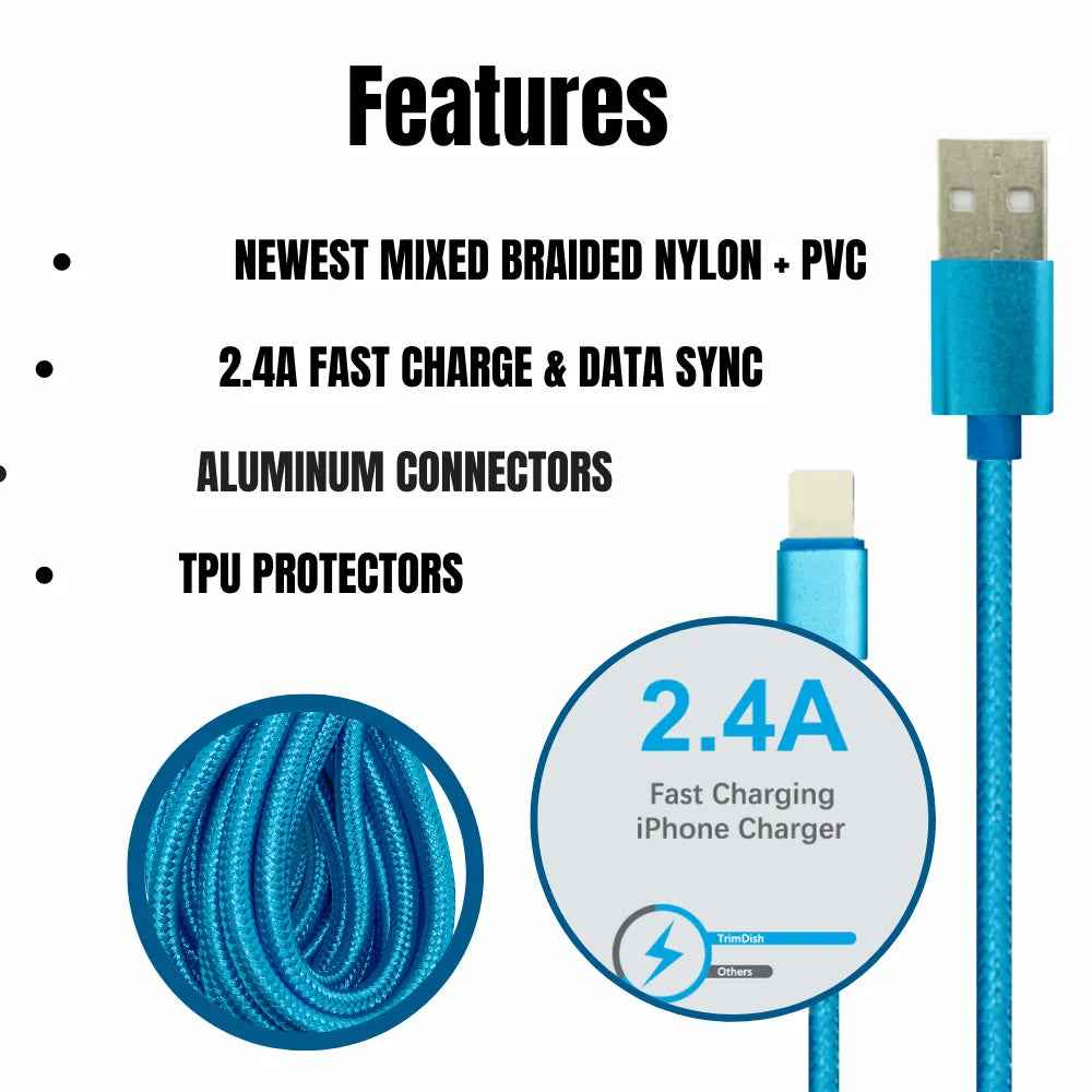 10Ft Braided USB Charger Compatible for Iphone Light Blue