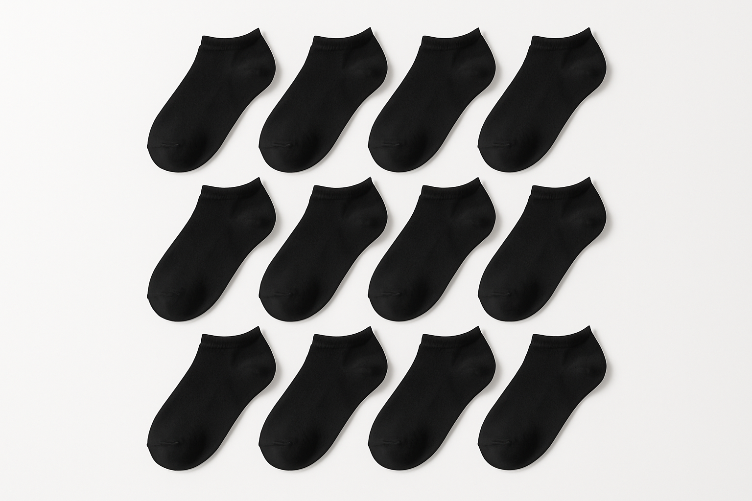 12 pairs of plain black low cut socks on white background