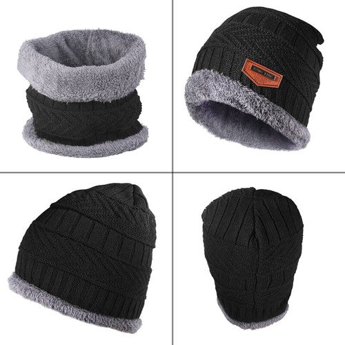 Black Winter Hat and Scarf Set Warm Fleece Lined Beanie unisex - PremiumBrandGoods