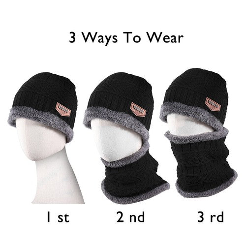 Black Winter Hat and Scarf Set Warm Fleece Lined Beanie unisex - PremiumBrandGoods