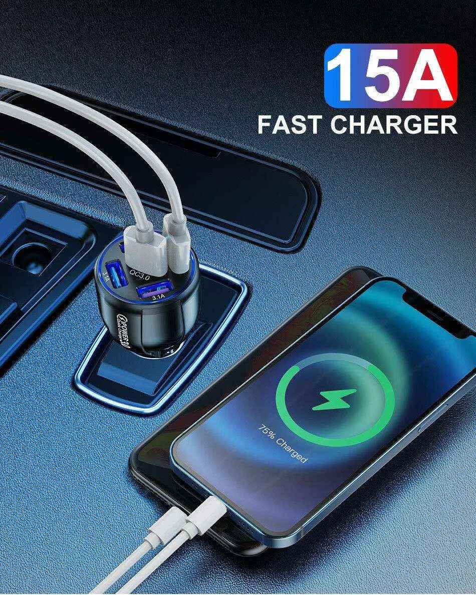 2 Pack PBG 5 Port USB Fast Car Charger with LED Display Charge 5 Devices at once