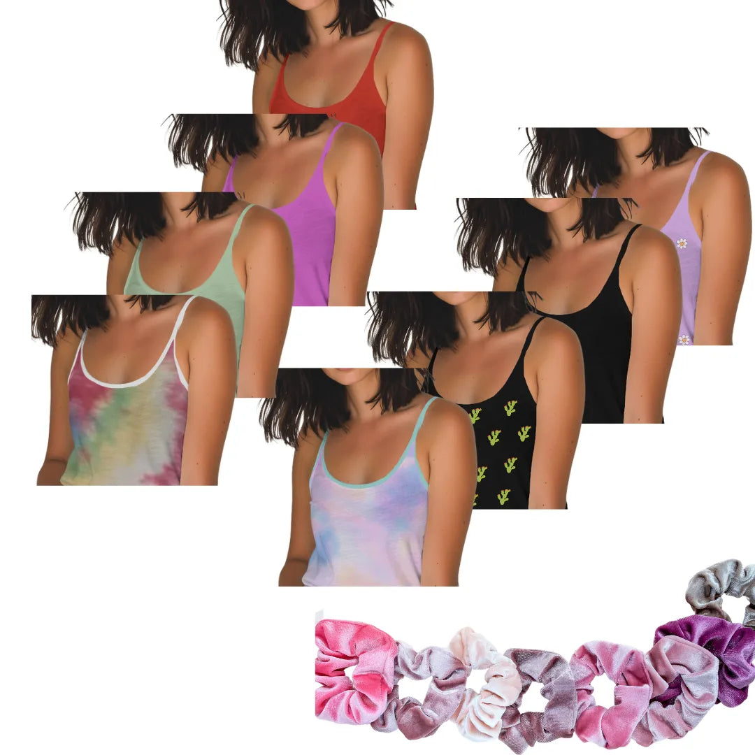 4 Pack Women's Stylish Cozy Tank Tops Ribbed Style Assorted with Free Scrunchies S-L Spaghetti Strap - PremiumBrandGoods