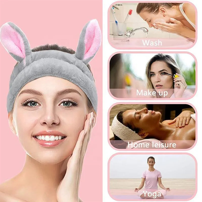 3 Pack Women Bunny Ears Headband Fashionable Face Washing Hair band Cute Hairband Fluffy Elastic Makeup Rabbit Headbands - PremiumBrandGoods