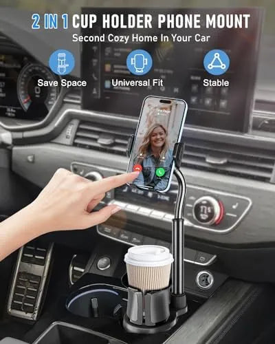 Cup Holder Phone Mount, Upgraded 2 in 1 Cup Holder Phone Holder for Car, Car Phone Mount with Long Gooseneck and Stretchable Cup Holder for Track, Car, Compatible with iPhone Samsung All Phones - PremiumBrandGoods
