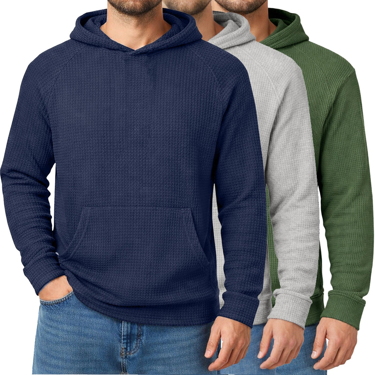 Men's Lightweight Waffle Knit Pullover Hoodies, 3-Pack, S-3XL