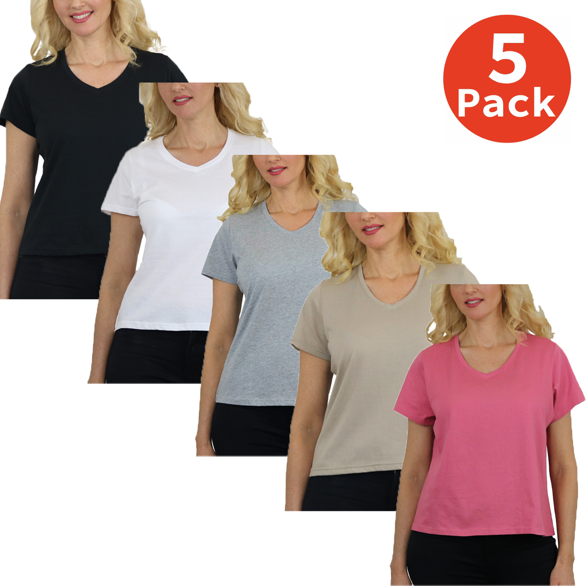 Women's Relaxed-Fit 100% Cotton V-Neck T-Shirts, 5-Pack, S-2XL