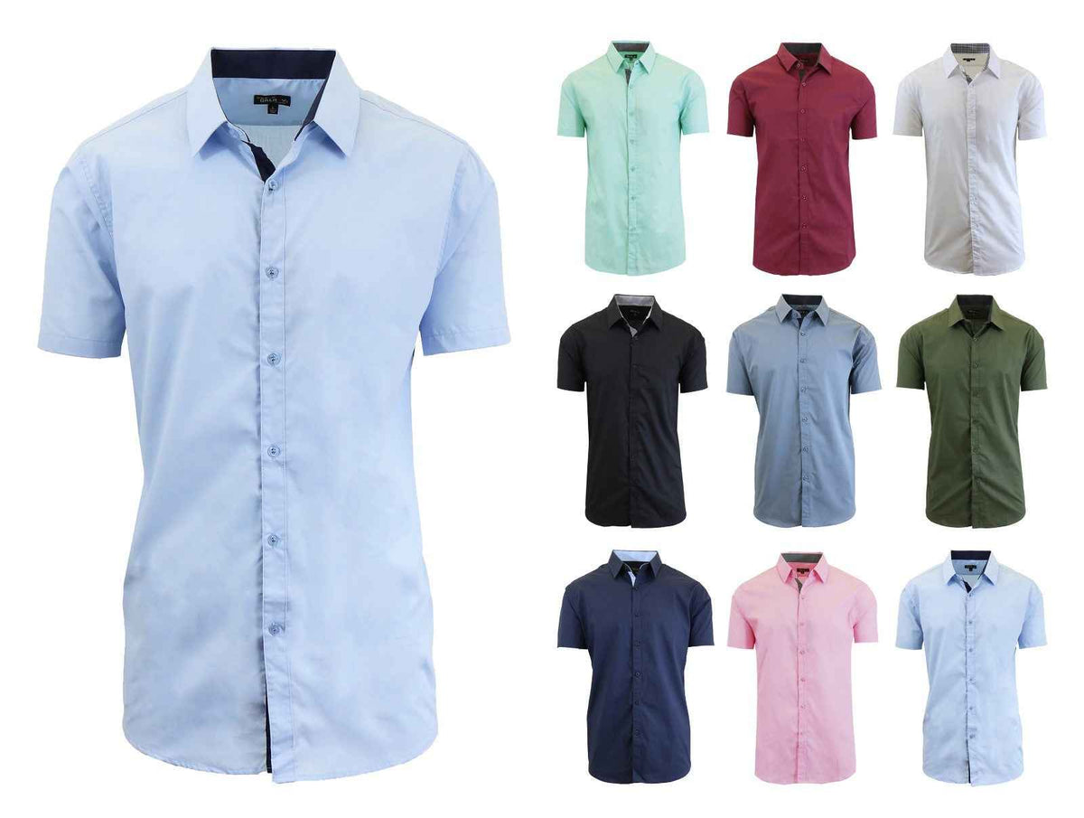Mens Short Sleeve Dress Button Down Causal Shirt Fancy Solid Slim Fit 2 PACK NEW