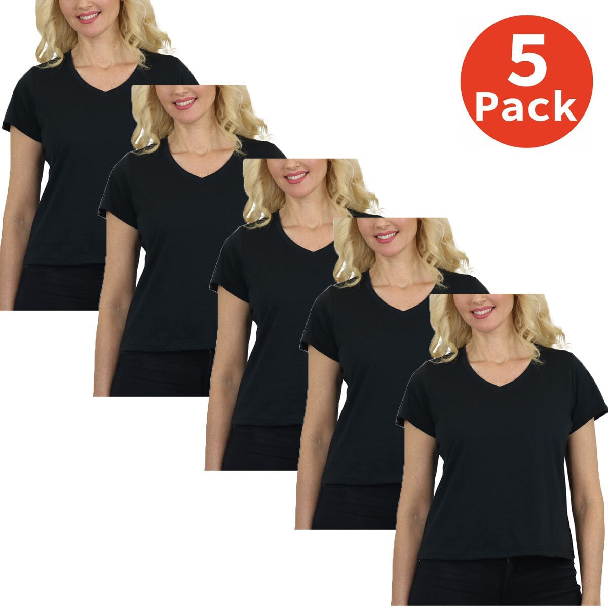Women's Relaxed-Fit 100% Cotton V-Neck T-Shirts, 5-Pack, S-2XL