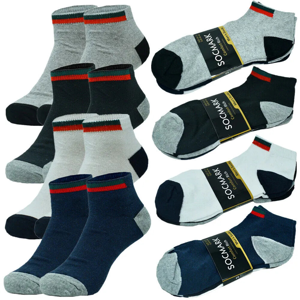 Mens athletic socks Striped Ankle Quarter Socks Cotton Low Cut Sizes 9-13 - PremiumBrandGoods