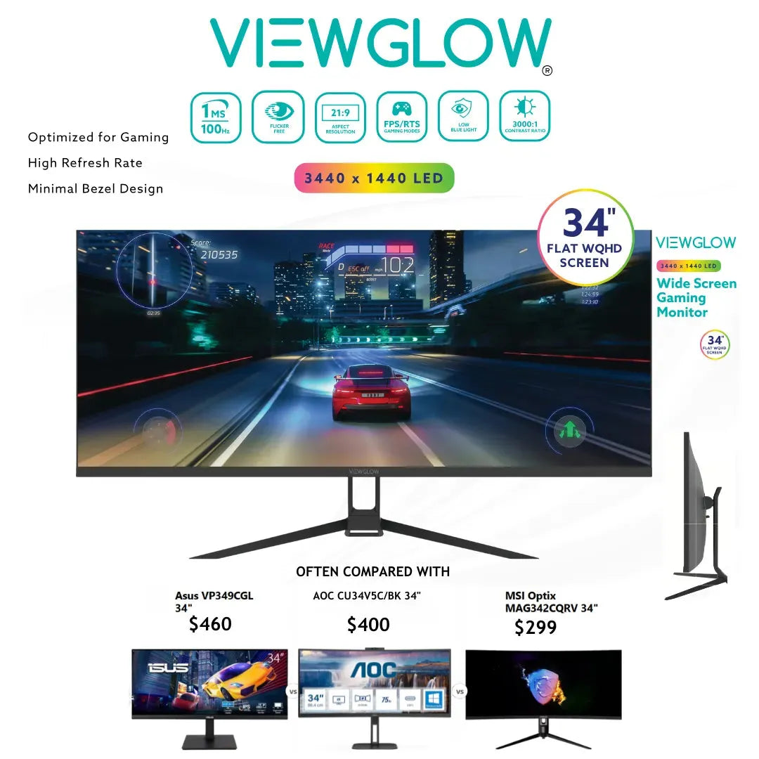 ViewGlow 34" GAMING MONITORS 2 Pack 3440X1440 LED WQHD 1MS 100HZ 21:9 WIDE MONITOR IMMERSIVE GAMING - PremiumBrandGoods
