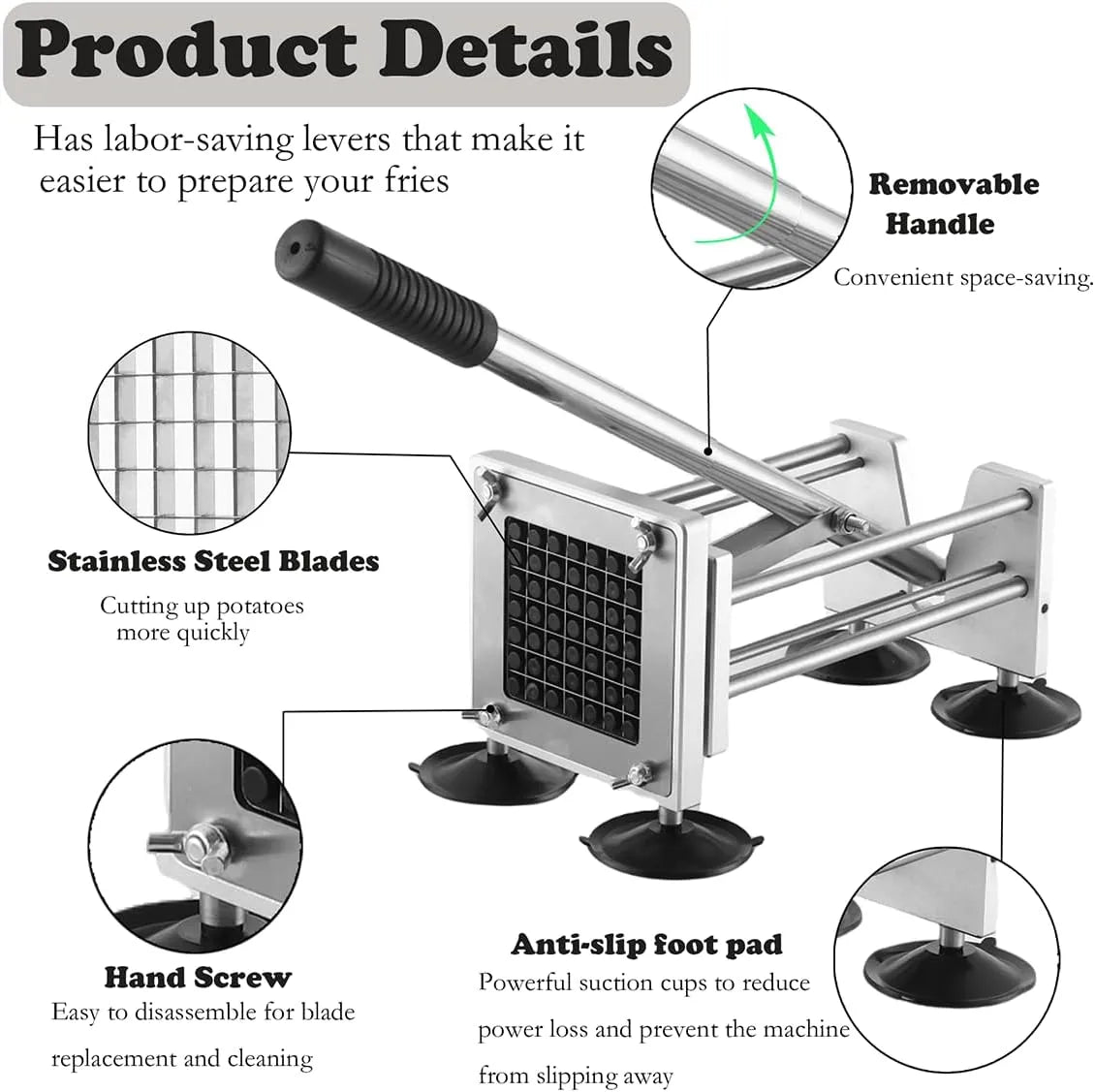 French Fry Cutter, Heavy Duty Professional Stainless Steel Potato Cutter, Removable Handle and 4 Suction Feet, 1/2-inch, 3/8-inch Blades for Potatoes, Onions, Carrots, Cucumbers, Air Fryer - PremiumBrandGoods