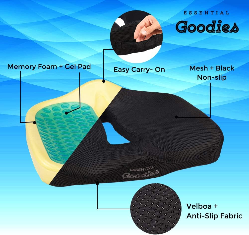 Essential Goodies Orthopedic Gel Seat Cushion for Coccyx, Tailbone, Sciatica, Lower Back, Lumbar Support- Non-Slip, Thick Comfort Pillow-Pad for Driver Car Seat, Office Chair, Wheelchair-Portable, Pad - PremiumBrandGoods