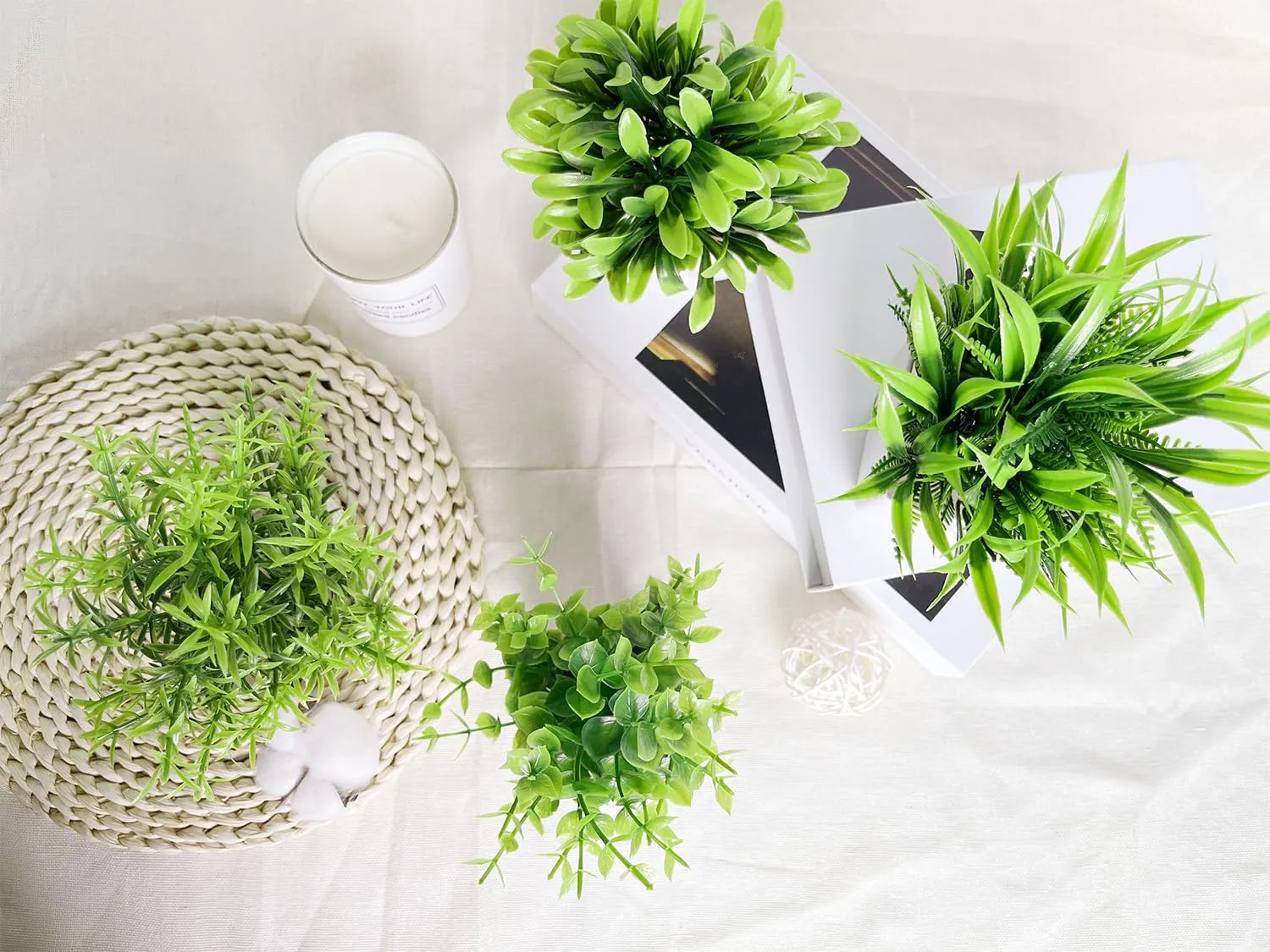 4 Packs Small Fake Plants Mini Artificial Faux White Potted Plants for Home Decor Indoor Bathroom Living Room Table Desk Farmhouse - PremiumBrandGoods