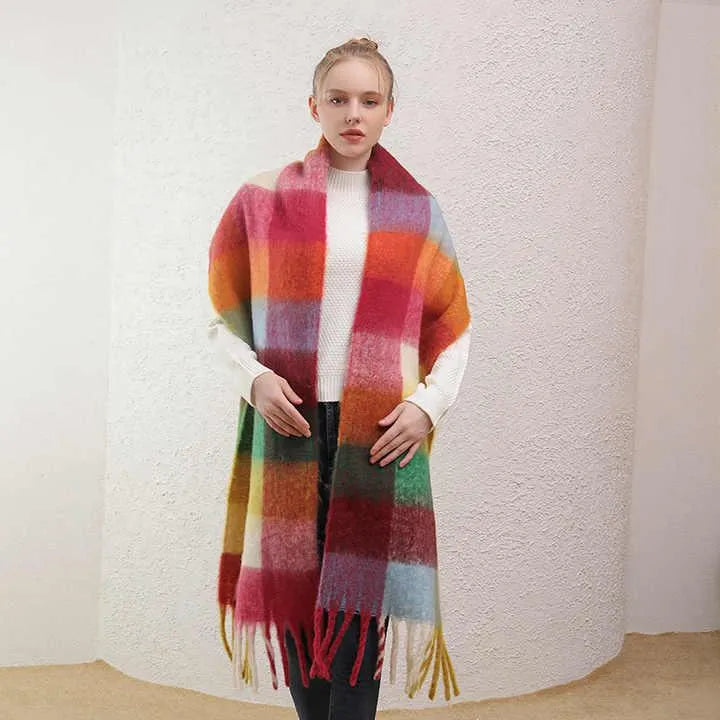 Thick Plaid Winter Scarf Woman's Checkered Pattern Pashmina Shawls Scarf Stylish Shawls With Tassel - PremiumBrandGoods