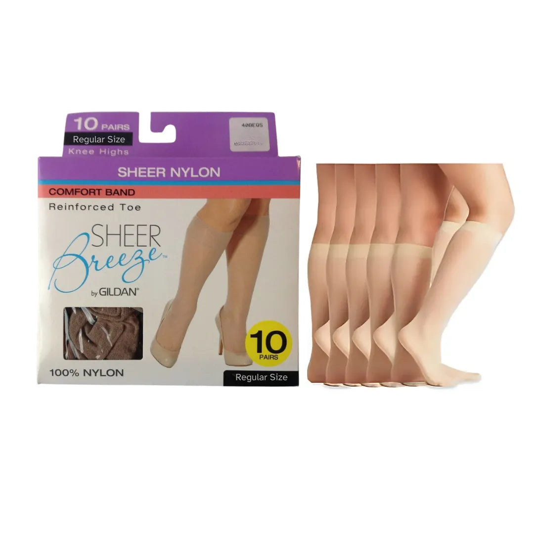 Gildan Sheer Breeze Comfort Band 10 Pack Knee High Beige Reinforced Toe ( Regular/Queen) - PremiumBrandGoods