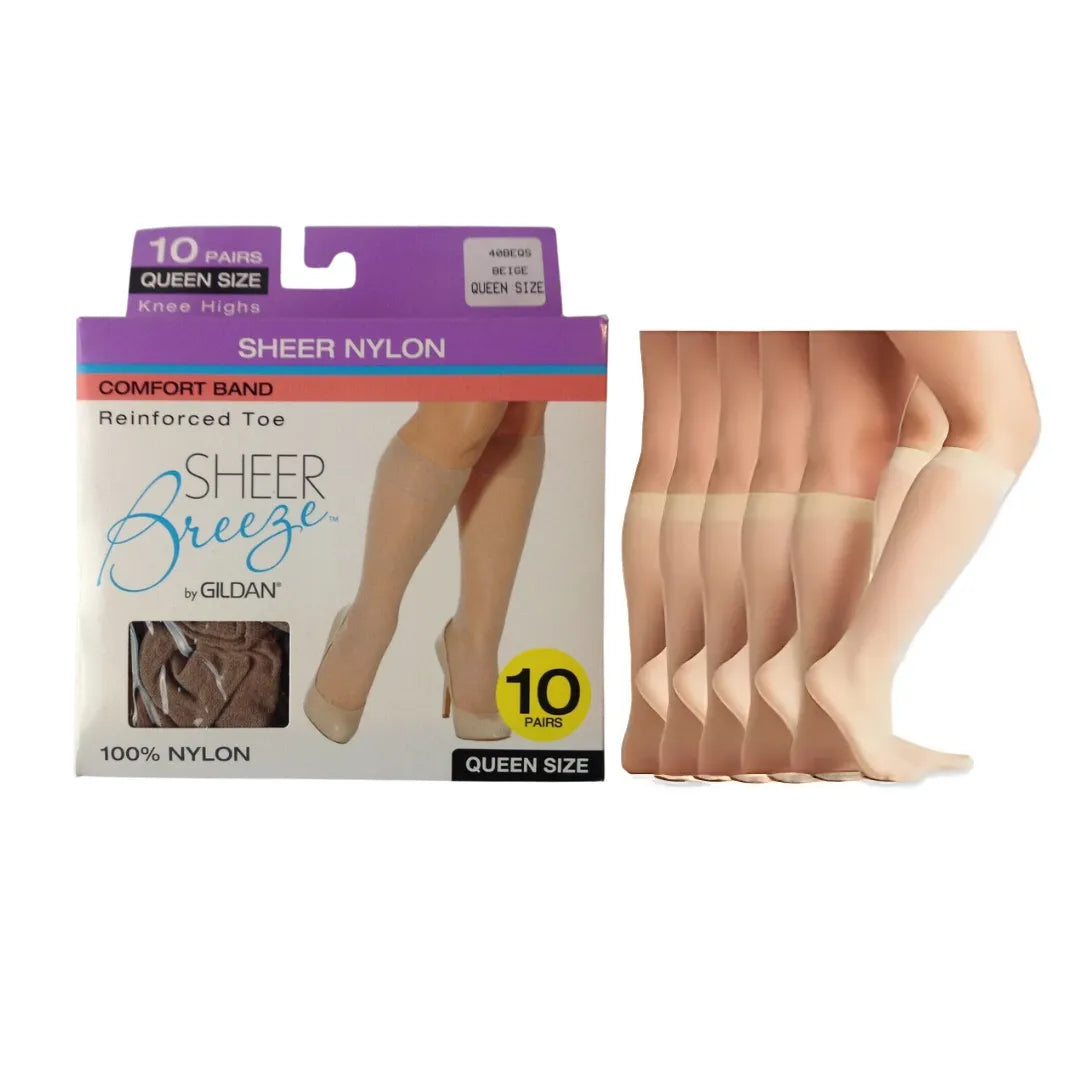 Gildan Sheer Breeze Comfort Band 10 Pack Knee High Beige Reinforced Toe ( Regular/Queen) - PremiumBrandGoods