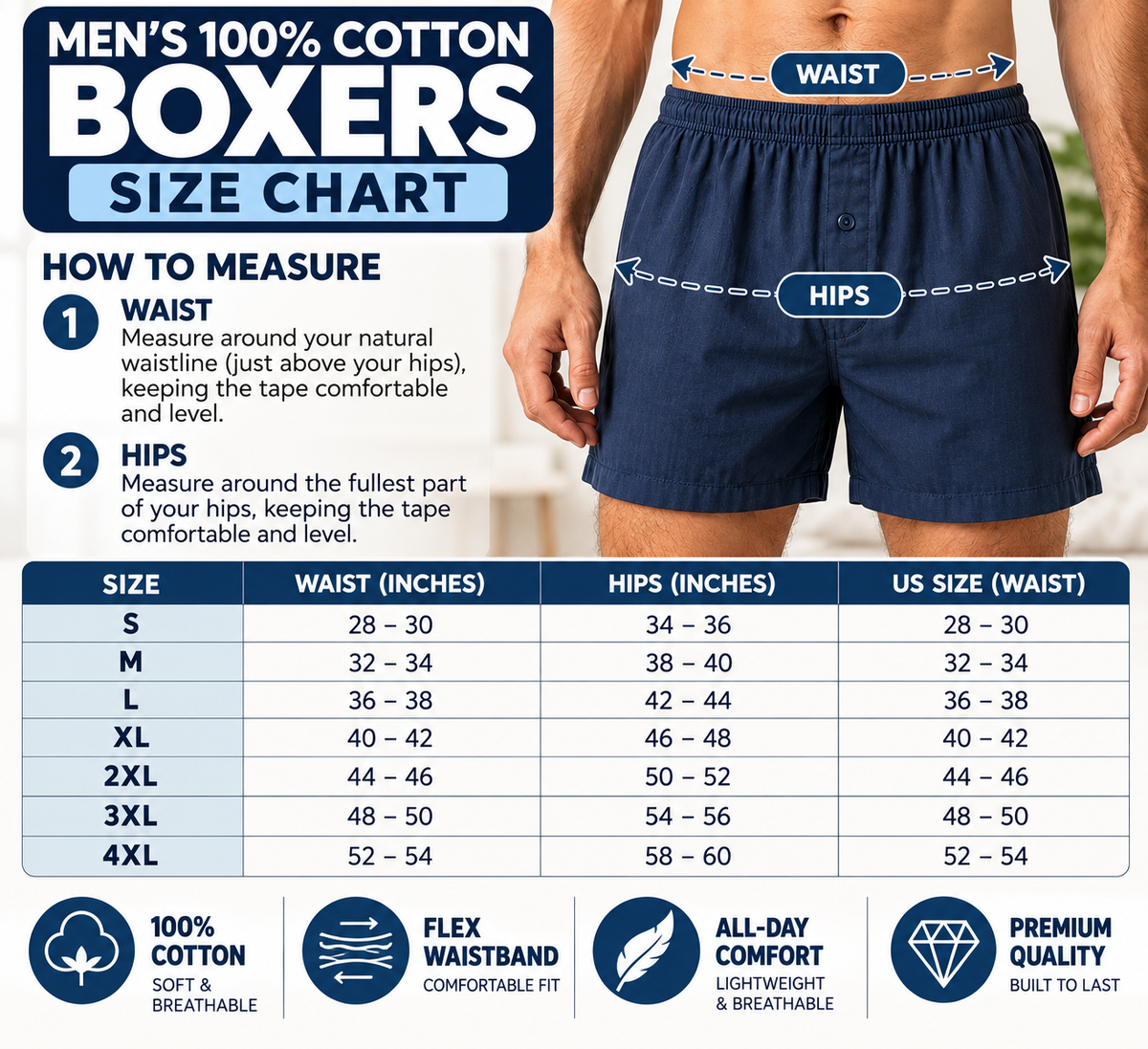 Men's 100% Cotton Boxers, 6-Pack, Flex Waistband, S-4XL