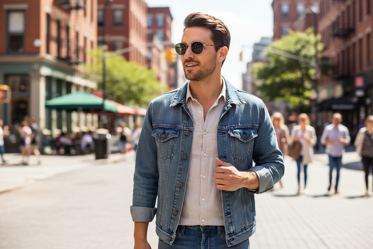 Man wearing round metal sunglasses on his face outdoors - lifestyle image