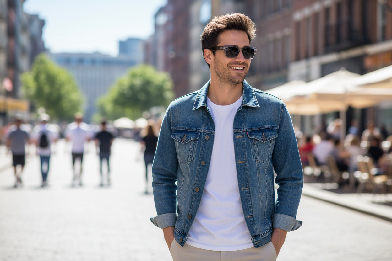 Man wearing compact wayfarer sunglasses outdoors - lifestyle image