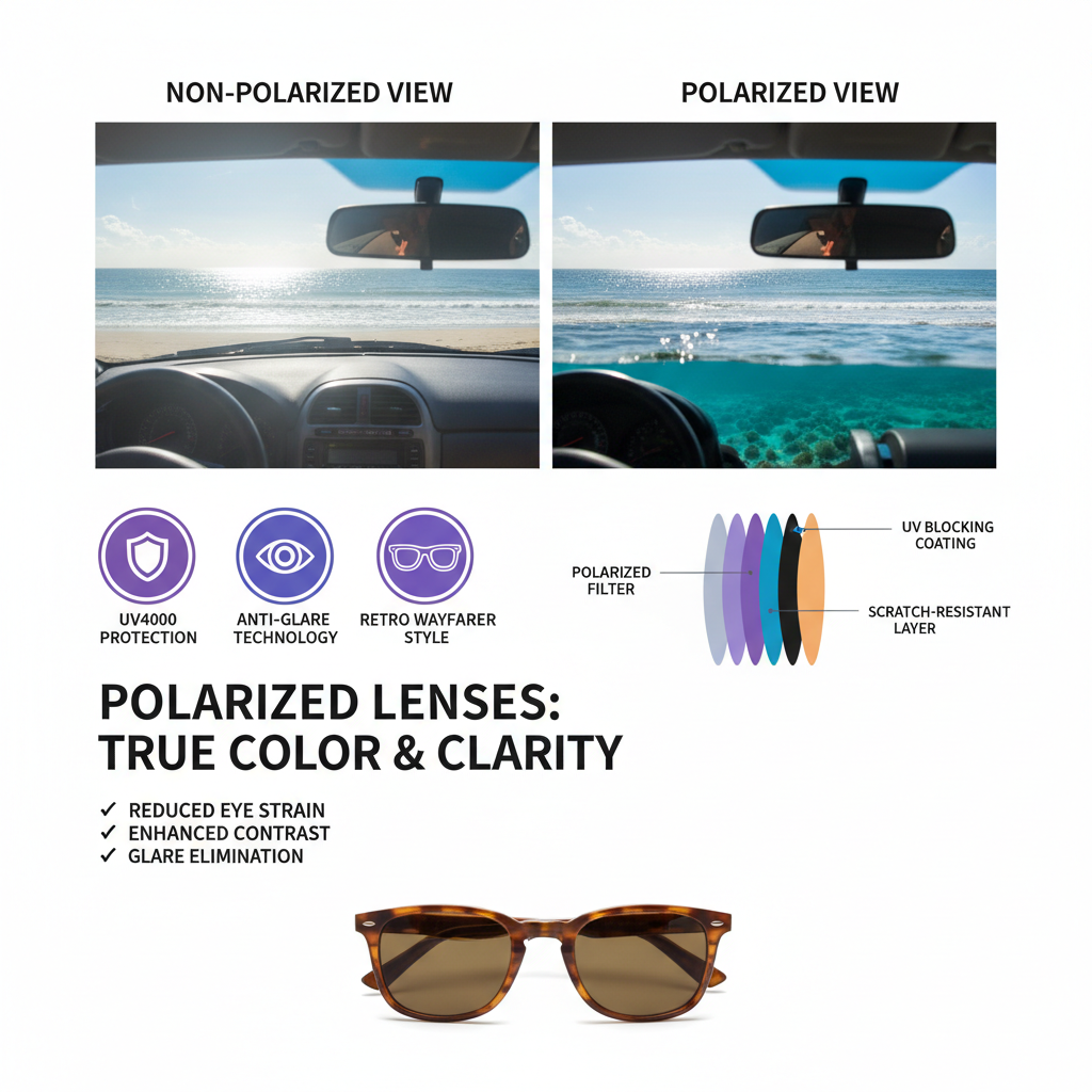 Polarized retro wayfarer sunglasses features and benefits - UV protection and modern design