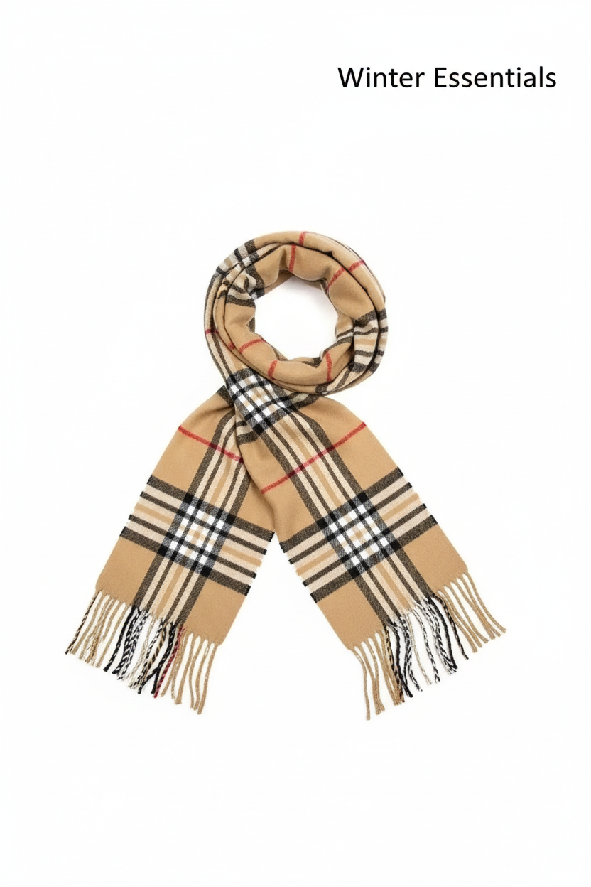 Beige Plaid Scarf Ultra Plush Pashmina Wool Blend 6ft Long Unisex