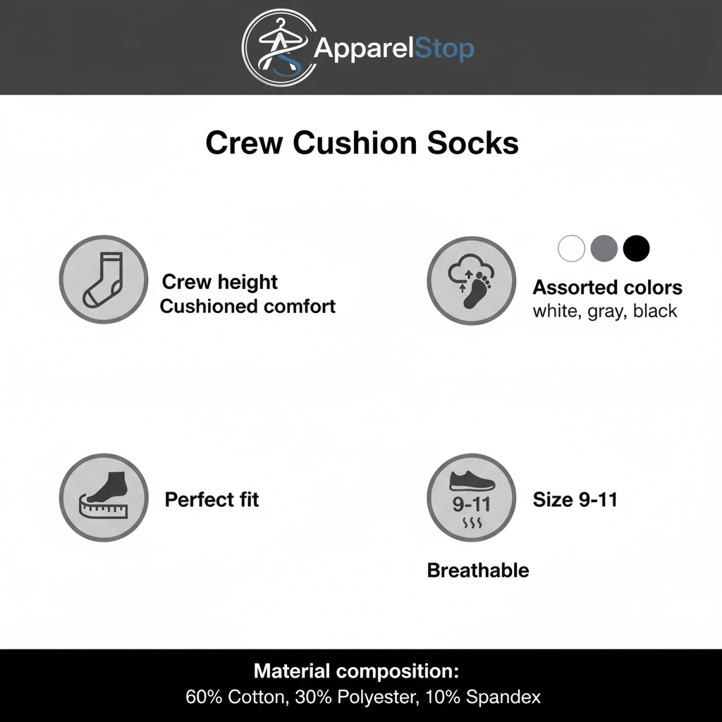Crew Cushion Socks Features - Size 9-11, Assorted Colors, Comfort Rich