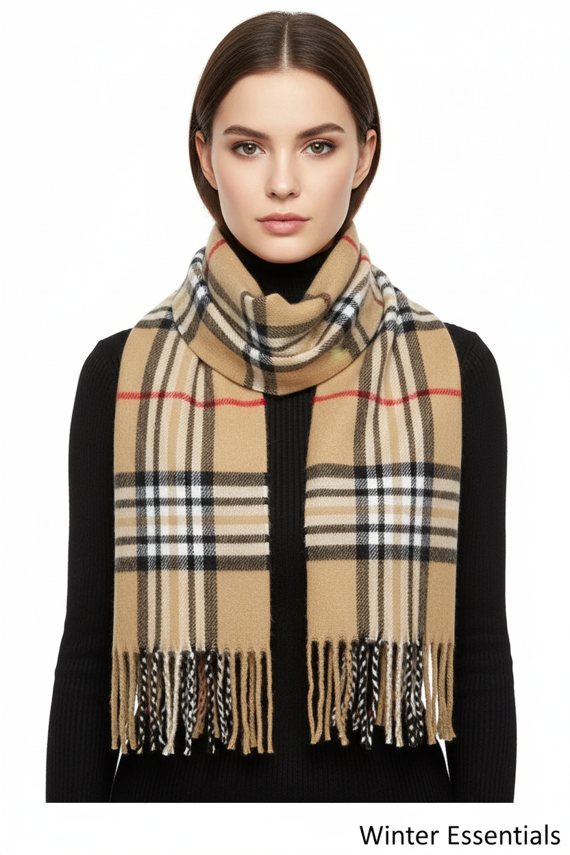 Beige Plaid Scarf Ultra Plush Pashmina Wool Blend 6ft Long Unisex