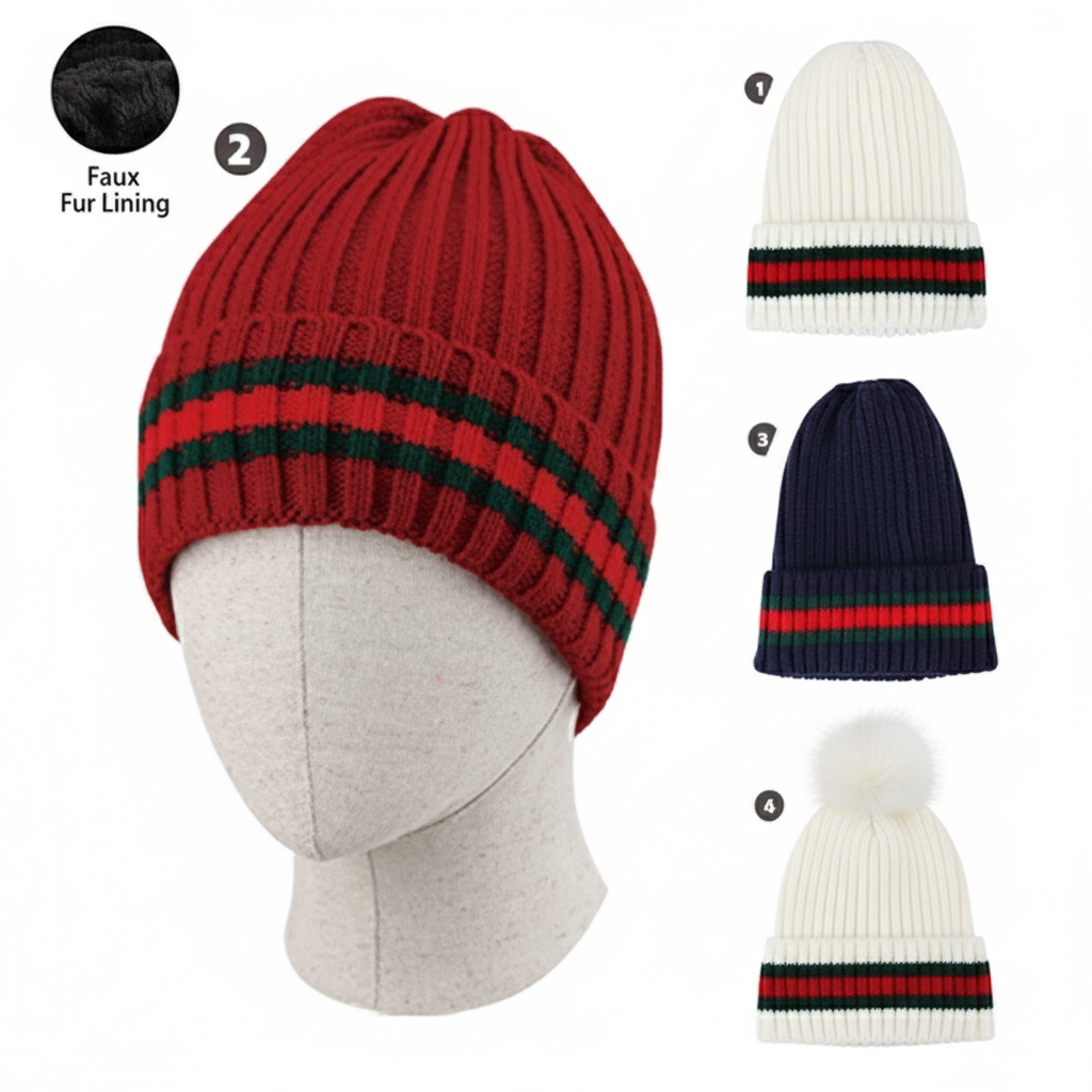 Women's Fashion Winter Hat 2-Pack Ribbed Knit with Faux Fur Lining - PremiumBrandGoods