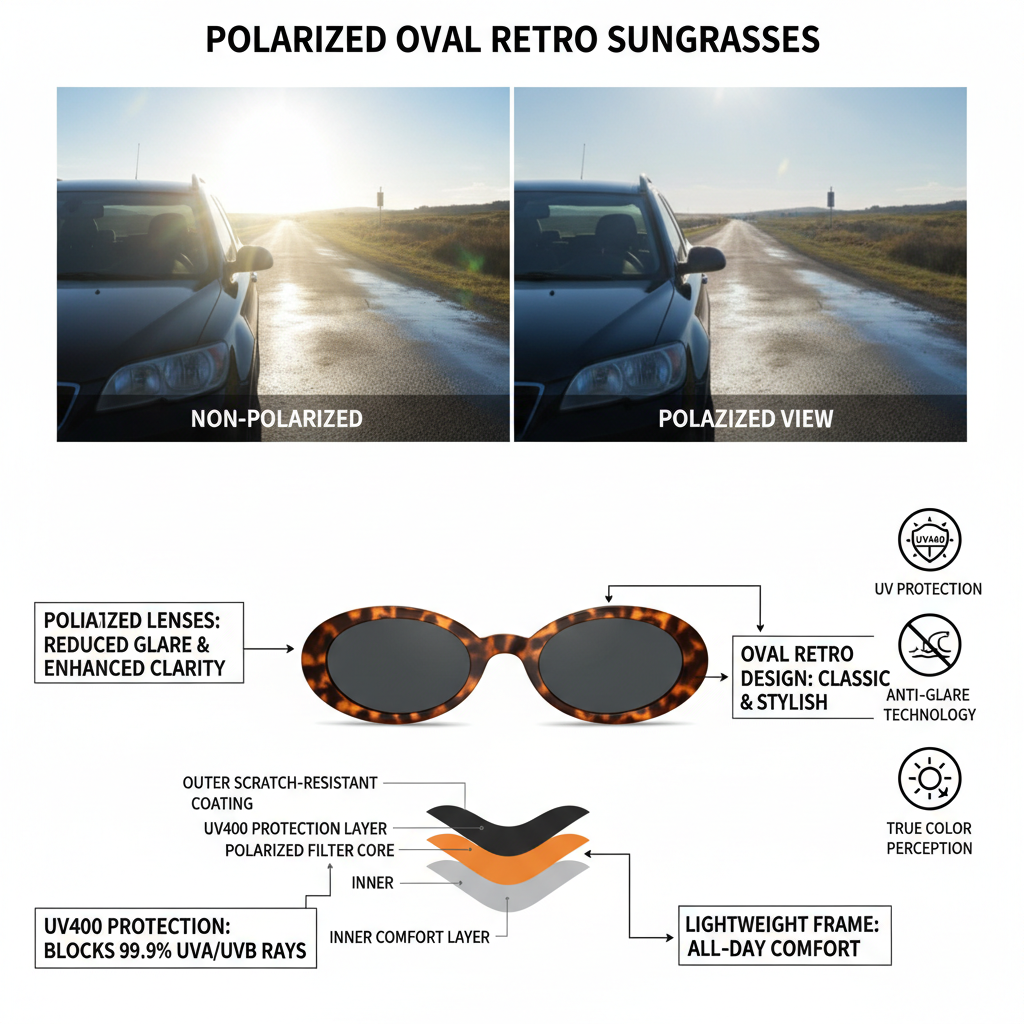 Polarized oval retro sunglasses features and benefits - UV protection and vintage design