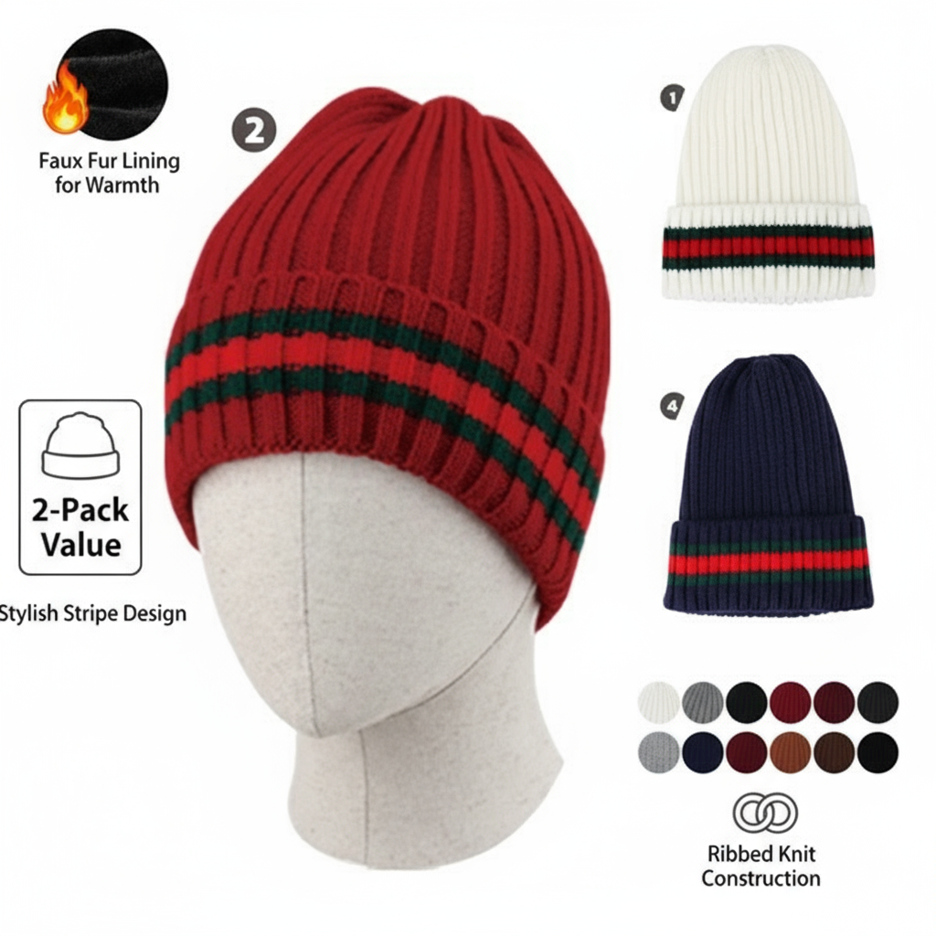 Women's Fashion Winter Hat 2-Pack Ribbed Knit with Faux Fur Lining - PremiumBrandGoods