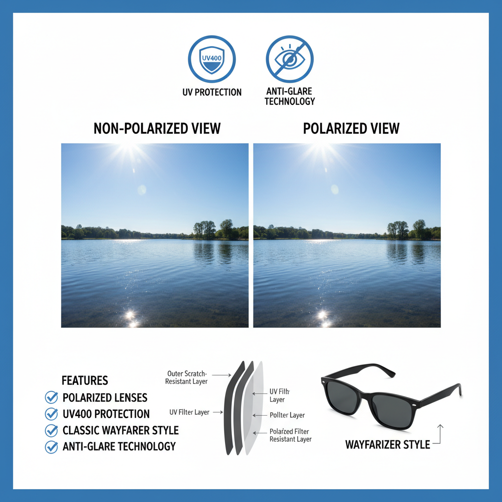 Polarized wayfarer sunglasses features and benefits - UV protection and classic design