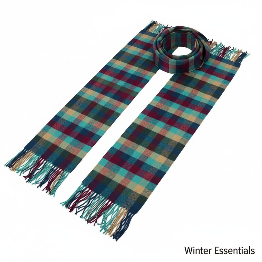 Multicolor Plaid Cashmere Feel Scarf - White Background