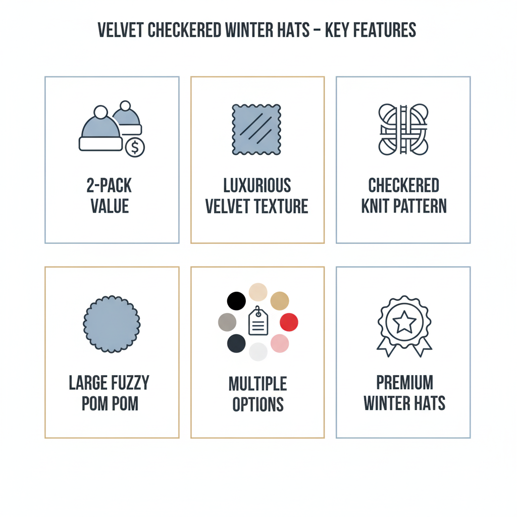 Women's Velvet Checkered Winter Hat 2-Pack - Winnie Pom Pom Beanie - PremiumBrandGoods