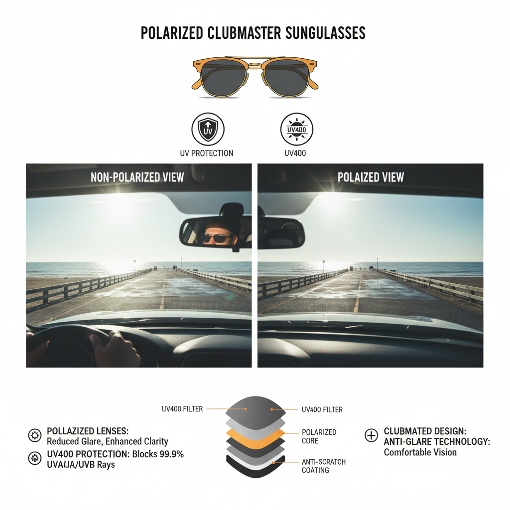 Polarized clubmaster sunglasses features and benefits - UV protection and iconic design