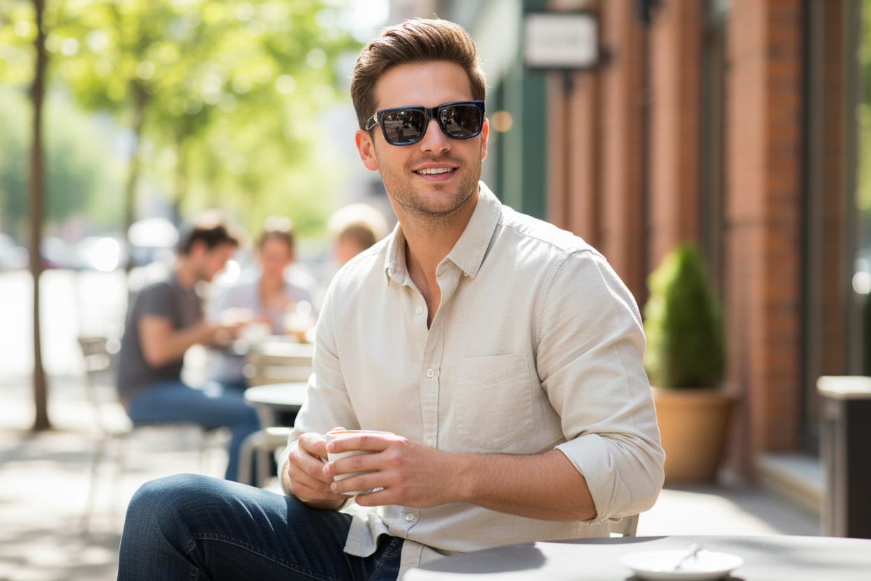 Man wearing wayfarer sunglasses on his face outdoors - lifestyle image