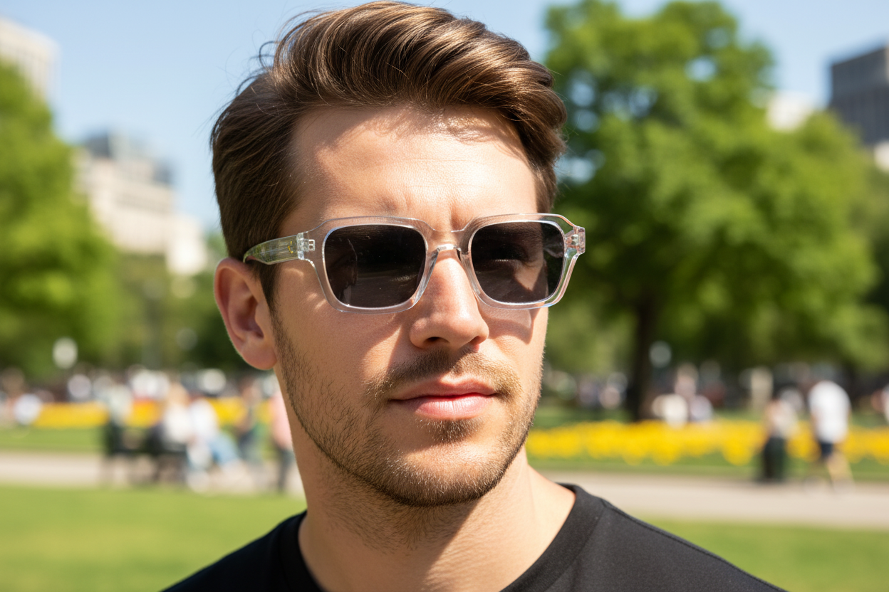 Man wearing transparent wayfarer sunglasses outdoors - lifestyle image