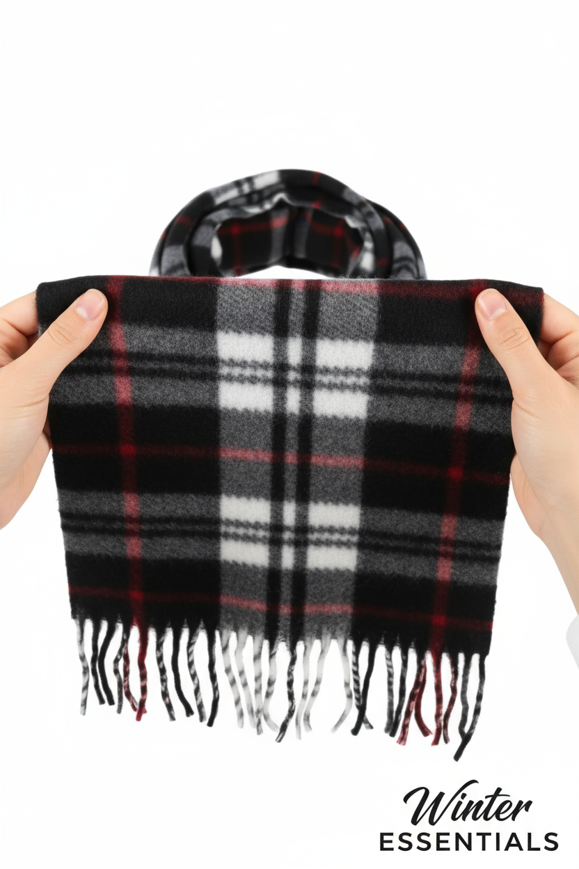Black Plaid Scarf Ultra Plush Pashmina Wool Blend 6ft Long Unisex