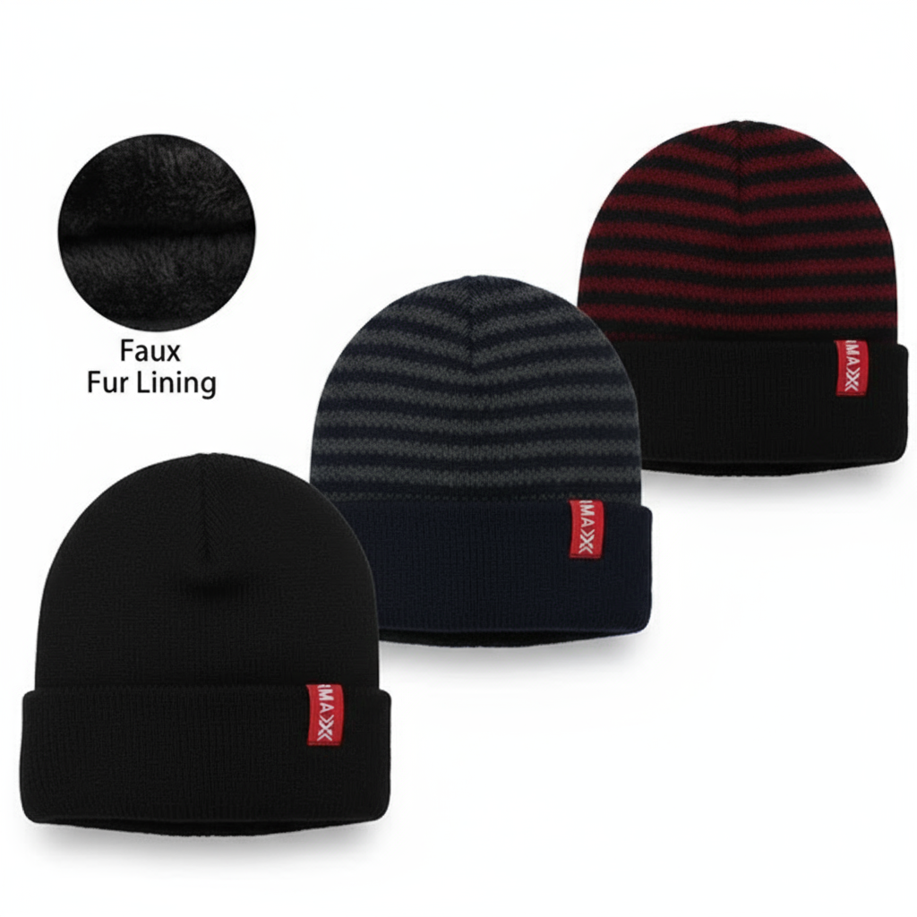 Men's Winter Knit Hat 3-Pack - Striped Beanie with Faux Fur Lining - PremiumBrandGoods