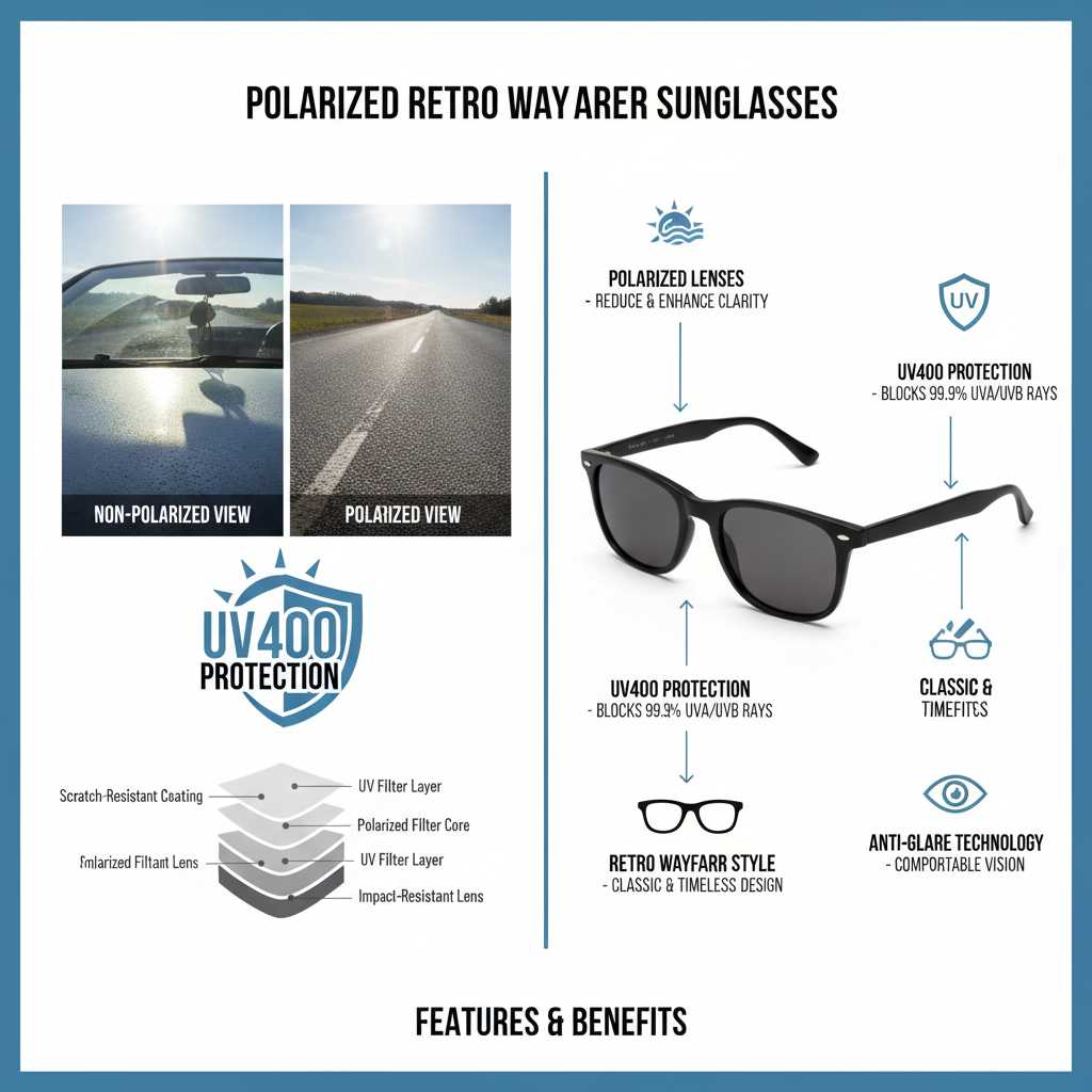Polarized retro wayfarer sunglasses features and benefits - UV protection and blue lens technology