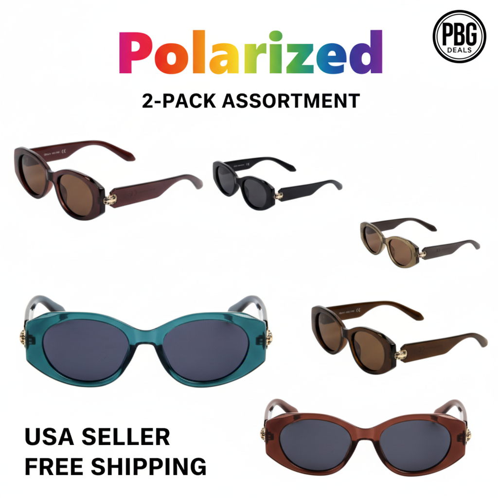 Polarized Unisex Oval Retro Sunglasses Assorted 2-Pack - 6 vintage styles on white background