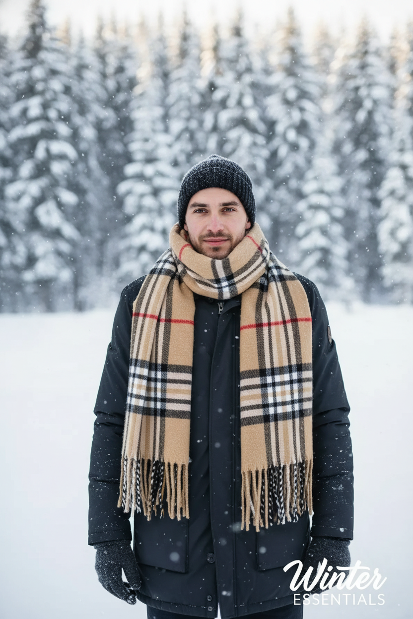 Beige Plaid Scarf Ultra Plush Pashmina Wool Blend 6ft Long Unisex