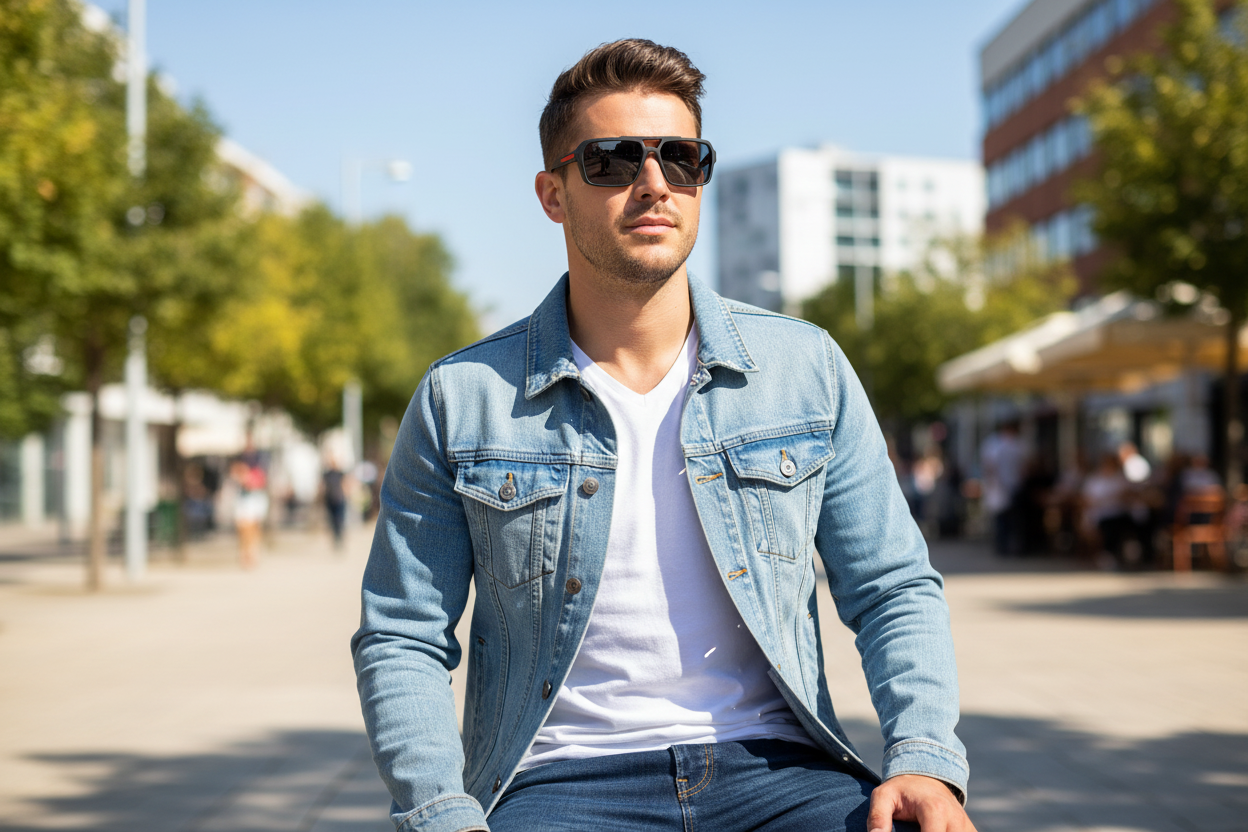 Man wearing sport wayfarer sunglasses with red stripe on his face outdoors - lifestyle image