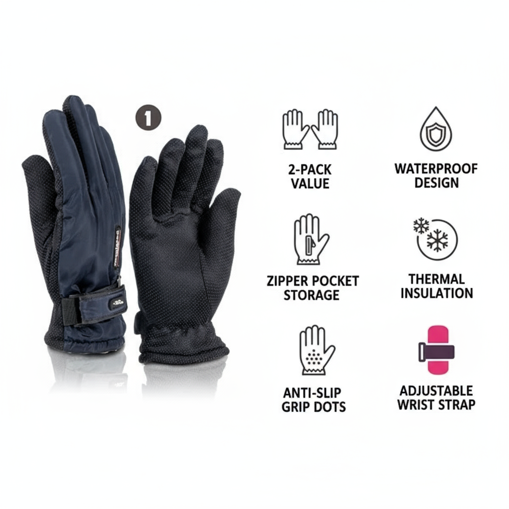 Women's Winter Ski Gloves 2-Pack - Zipper Pocket & Anti-Slip Grip - PremiumBrandGoods