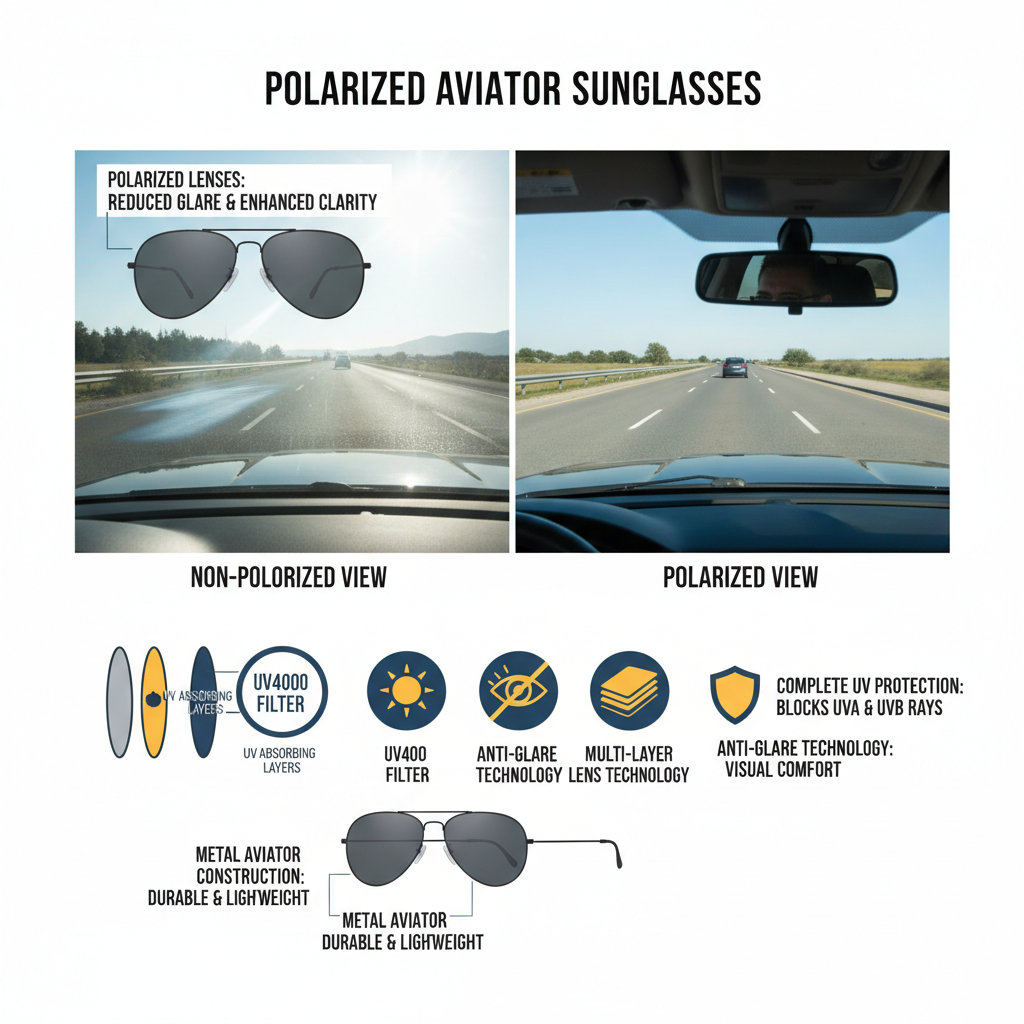 Polarized metal aviator sunglasses features and benefits - UV protection and premium construction