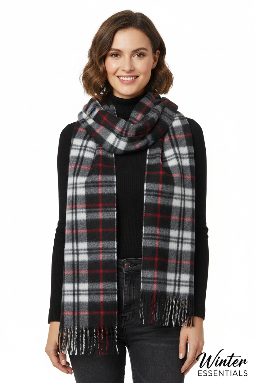 Black Plaid Scarf Ultra Plush Pashmina Wool Blend 6ft Long Unisex