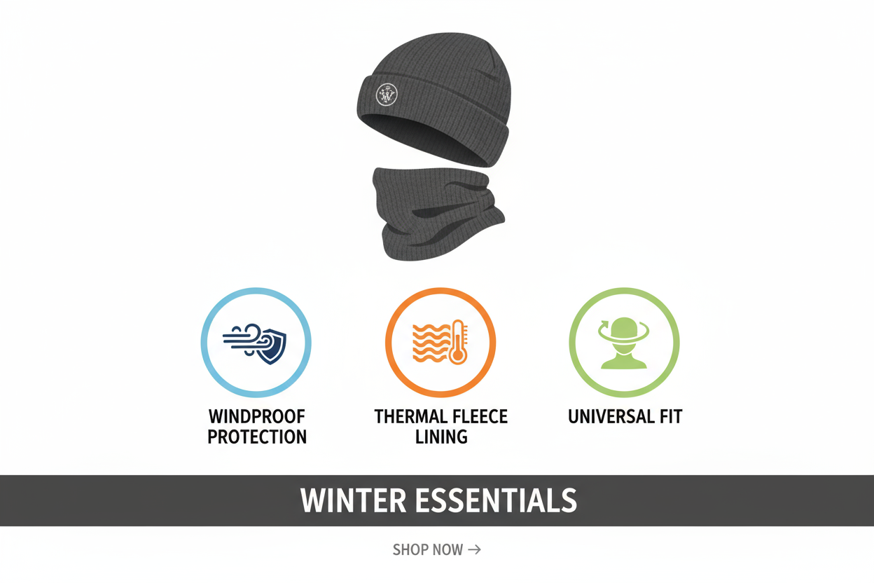 Black Winter Hat and Scarf Set Warm Fleece Lined Beanie unisex - PremiumBrandGoods