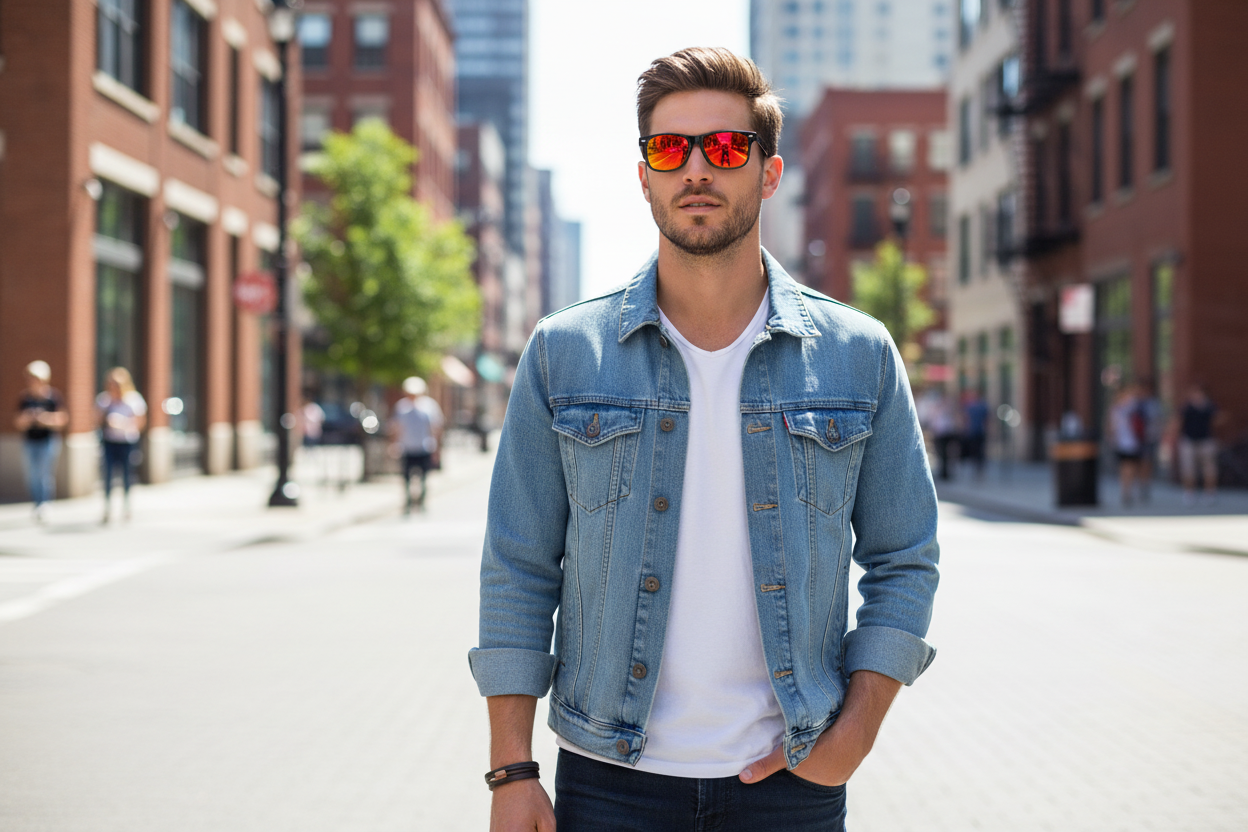 Man wearing wayfarer sunglasses with orange-red mirrored lenses on his face outdoors - lifestyle image