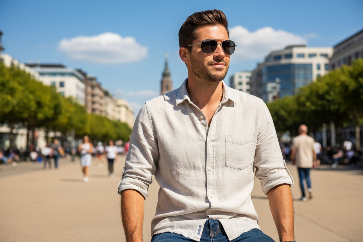 Man wearing classic metal aviator sunglasses outdoors - lifestyle image