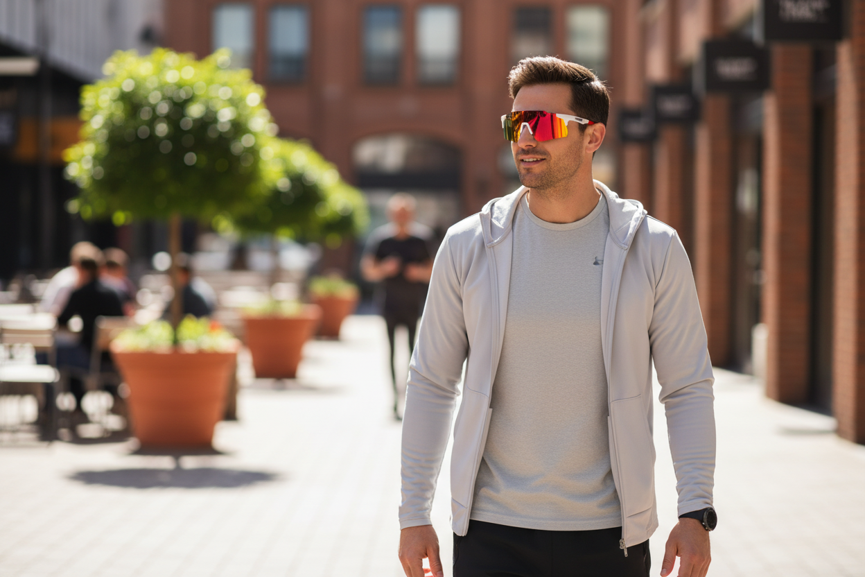 Man wearing sport shield sunglasses on his face outdoors - lifestyle image